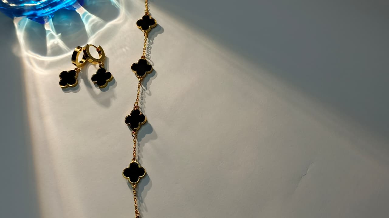 Black Clover Gold Bracelet and Earings